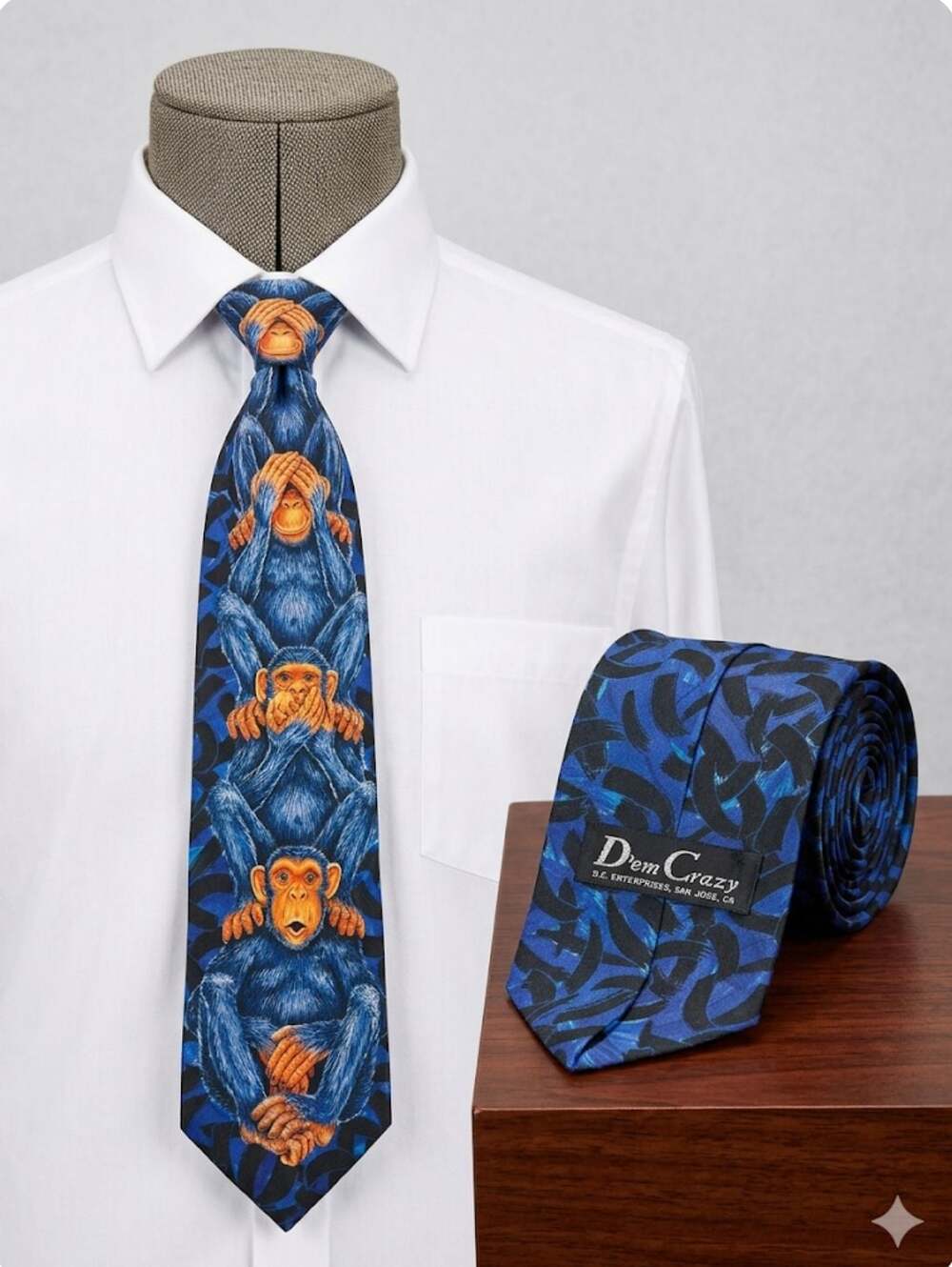 D'em Crazy Three Wise Monkeys Novelty Necktie Blue